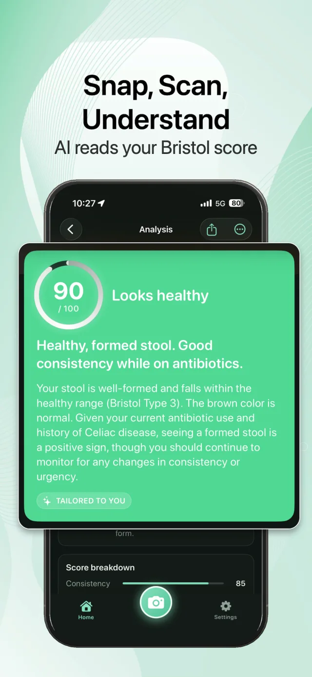 PoopID AI analysis reading a Bristol Stool score with a healthy result.