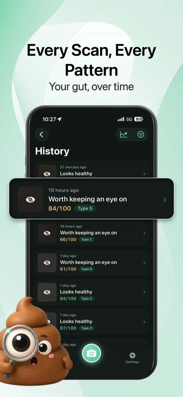 PoopID history screen listing past scans and gut health scores over time.